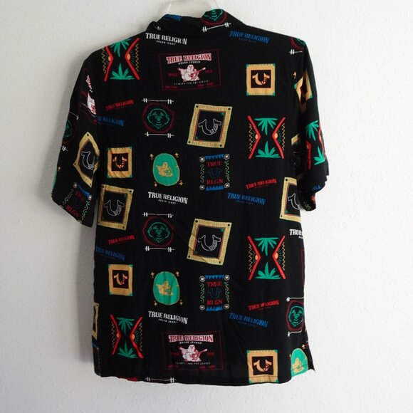 True Religion Button Up Shirt Men's Size M Black Resort Print Resortwear Camp - Picture 4 of 8